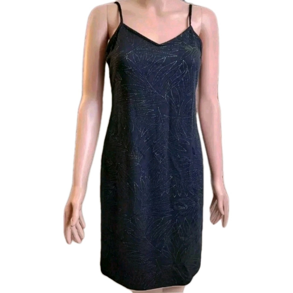 Vintage 90s Sparkly Leaf Print Slip Dress- size 8- Black Floral Sheath Goth Y2K
